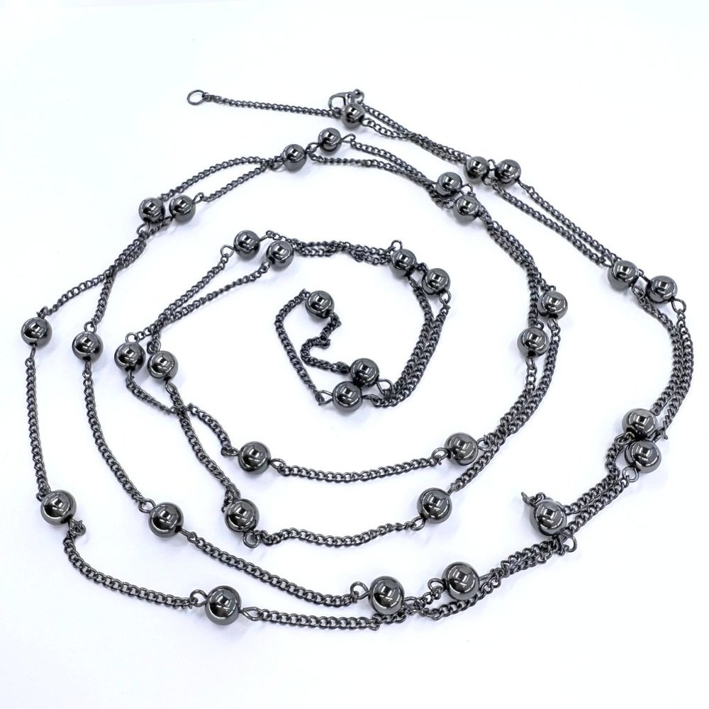 Simple Single Strand Gunmetal Tone Metal Bead & Chain 68” Necklace